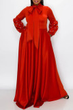 Robe de soirée rouge décontractée élégante solide patchwork perles col ruban robes de grande taille
