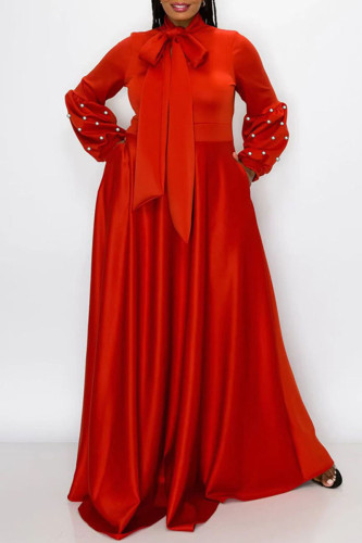 Red Casual Elegant Solid Patchwork Beading Ribbon Collar Evening Dress Plus Size Dresses