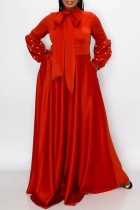 Rotes beiläufiges elegantes festes Patchwork-bördelndes Band-Kragen-Abend-Kleid plus Größen-Kleider