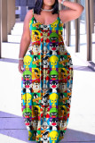 イエロー カジュアル ストリート プリント パッチワーク スパゲッティ ストラップ ランタン スカート プラス サイズのドレス