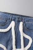 Schwarze, lässige, solide Patchwork-Denim-Jeans mit mittlerer Taille