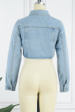 Blaue, lässige Patchwork-Jeansjacke mit asymmetrischem Turndown-Kragen und langen Ärmeln