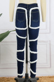 Azul claro casual sólido patchwork cintura média jeans regular