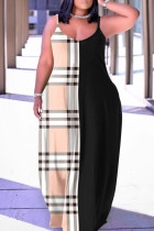 ブラック ピンク カジュアル ストリート プリント パッチワーク スパゲッティ ストラップ ランタン スカート プラス サイズ ドレス