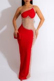 Rouge Sexy Patchwork Hot Drilling See-through Backless Spaghetti Strap Robes Longues