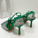 Zapatos casuales de moda con lentejuelas y diamantes de imitación cuadrados para puerta verde