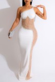 Blanc Sexy Patchwork Hot Drilling See-through Backless Spaghetti Strap Robes Longues