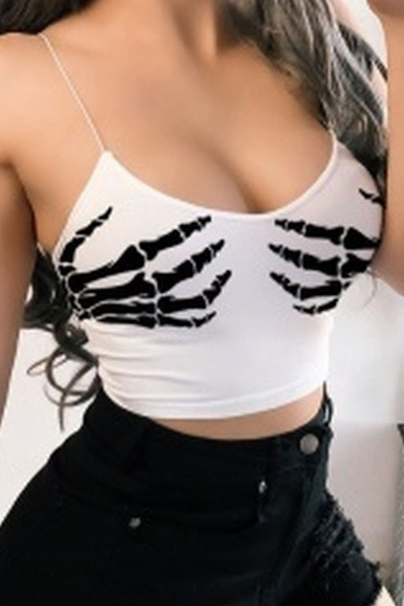 

White Sexy Street Print Patchwork Spaghetti Strap Tops