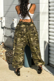 Army Green Street Camouflage Print Patchwork Spaghetti Strap Harlan Overalls