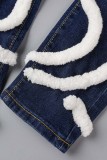 Jeans in denim regolari a vita media con patchwork tinta unita casual blu intenso