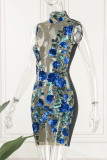 Azul sexy sólido bordado lentejuelas patchwork transparente medio cuello alto lápiz falda vestidos