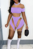 Purple Sexy Patchwork See-through Contrast O Neck Skinny Romper