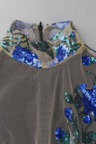Синий сексуальный сплошной вышитые блестки лоскутное прозрачное полуводолазка юбка-карандаш платья