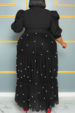 Negro casual sólido vendaje patchwork hebilla rebordear cuello vuelto recto vestidos de talla grande