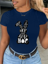 Navy Blue Street Party Print Letter O Neck T-Shirts