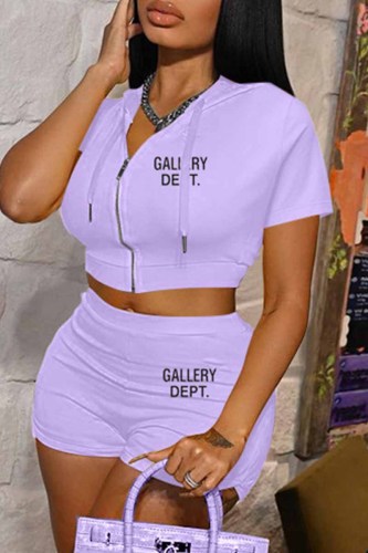 Viola Casual Stampa Lettera Collo con cappuccio Manica corta Due pezzi