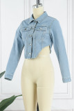 Giacca di jeans regolare a manica lunga con colletto rovesciato asimmetrico patchwork casual blu