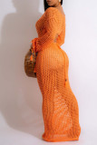 Tangerine Röd Sexig Solid urholkad Patchwork Genomskinliga badkläder Cover Up