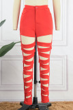 Pantalones casual sólido ahuecado patchwork flaco lápiz de cintura alta color sólido rojo