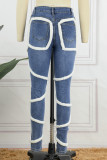 Hellblaue, lässige, solide Patchwork-Denim-Jeans mit mittlerer Taille
