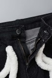 Jeans jeans regular preto casual patchwork cintura média