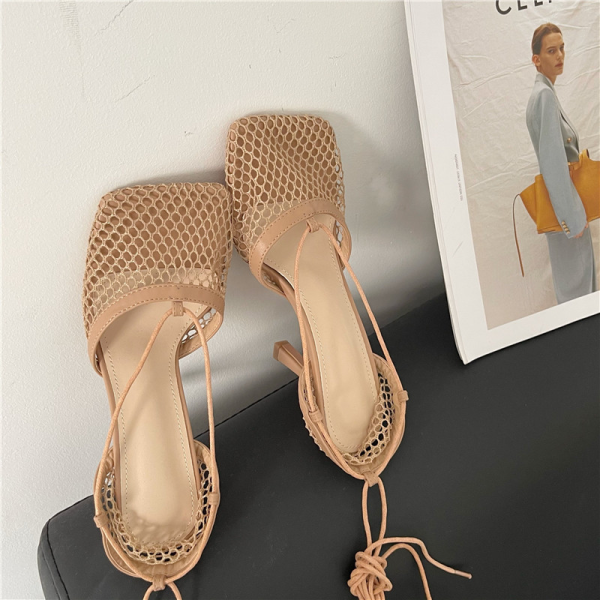 Apricot Sexy Bandage Mesh Closed Out Door Schuhe
