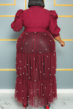 バーガンディ カジュアル ソリッド バンデージ パッチワーク バックル ビーズ ターンダウン カラー ストレート プラスサイズ ドレス
