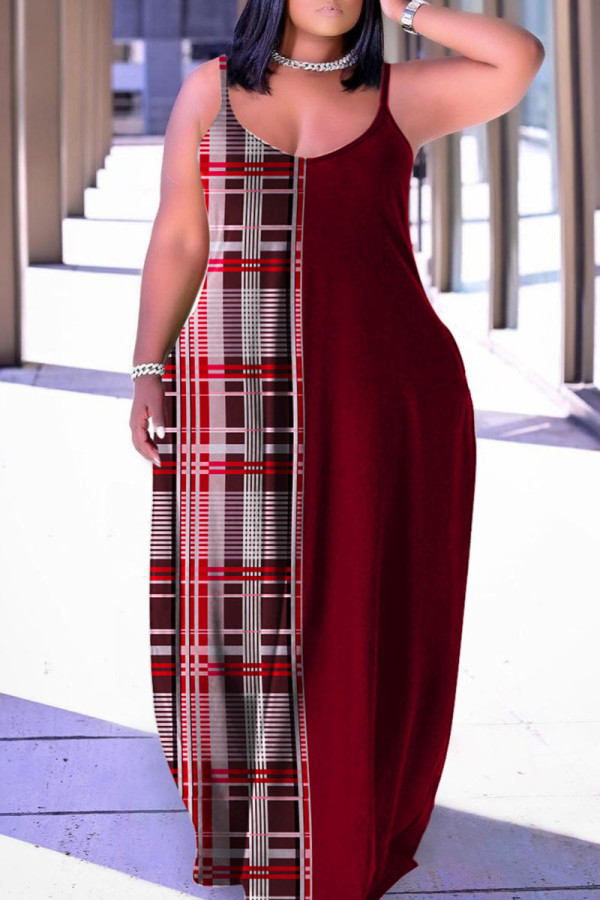 ブルゴーニュ カジュアル ストリート プリント パッチワーク スパゲッティ ストラップ ランタン スカート プラス サイズのドレス
