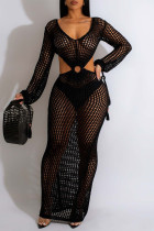 Black Sexy Solid Hollowed Out Patchwork See-through Swimwears Cover Up
