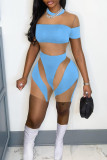Sky Blue Sexy Patchwork See-through Contrast O Neck Skinny Romper