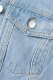Синяя повседневная джинсовая куртка с асимметричным отложным воротником и длинным рукавом в стиле пэчворк