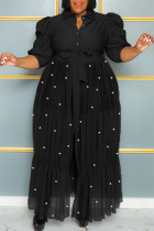 Negro casual sólido vendaje patchwork hebilla rebordear cuello vuelto recto vestidos de talla grande