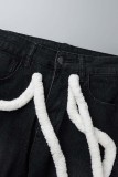 Jeans jeans regular preto casual patchwork cintura média