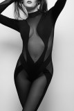 Schwarzer, sexy, durchsichtiger Patchwork-Overall mit O-Ausschnitt