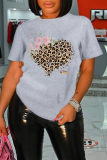 Camisetas vintage cinza leopardo patchwork com decote em O