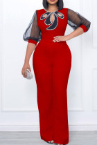 Red Elegant Solid Hollowed Out Patchwork Beading O Neck Straight Jumpsuits