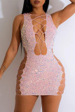 White Sexy Patchwork Hollowed Out Sequins V Neck Sleeveless Dress Dresses