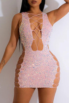 Розовое сексуальное лоскутное платье с блестками и V-образным вырезом без рукавов