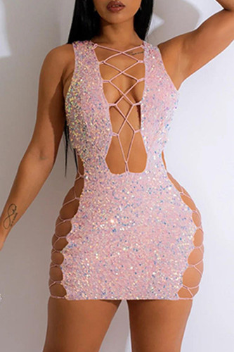 Pink Sexy Patchwork Hollowed Out Sequins V Neck Sleeveless Dress Dresses