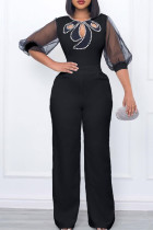 Zwarte elegante effen uitgeholde patchwork kralen O-hals rechte jumpsuits