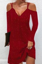 Vestidos de manga comprida vermelho casual patchwork sólido decote em v