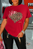 T-shirt O Neck patchwork leopardo vintage rosso