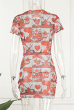 Tangerine Red Casual Print Basic O-hals jurk met korte mouwen