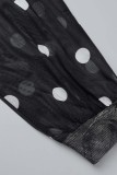 Negro sexy casual punto estampado transparente asimétrico cuello alto manga larga más vestidos de tamaño