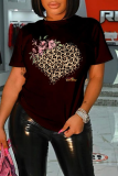 Camisetas vintage cinza leopardo patchwork com decote em O