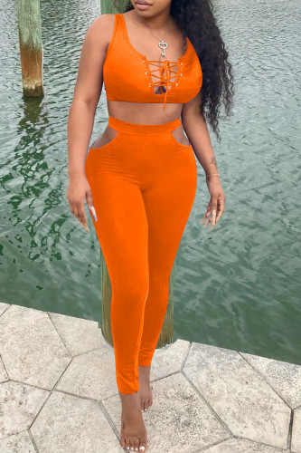 Orange Sexy Casual Solid Bandage U Neck Sleeveless Two Pieces