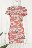 Mandarinröd Casual Print Basic O-hals kortärmad klänning