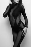Black Sexy Solid Patchwork See-through O Neck Skinny Jumpsuits