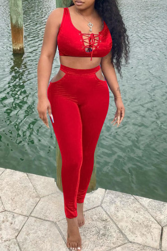 Red Sexy Casual Solid Bandage U Neck Sleeveless Two Pieces