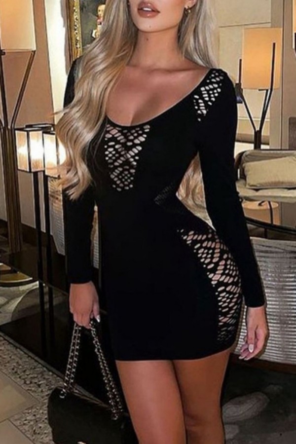 Black Sexy Solid Hollowed Out See-through O Neck Long Sleeve Dresses